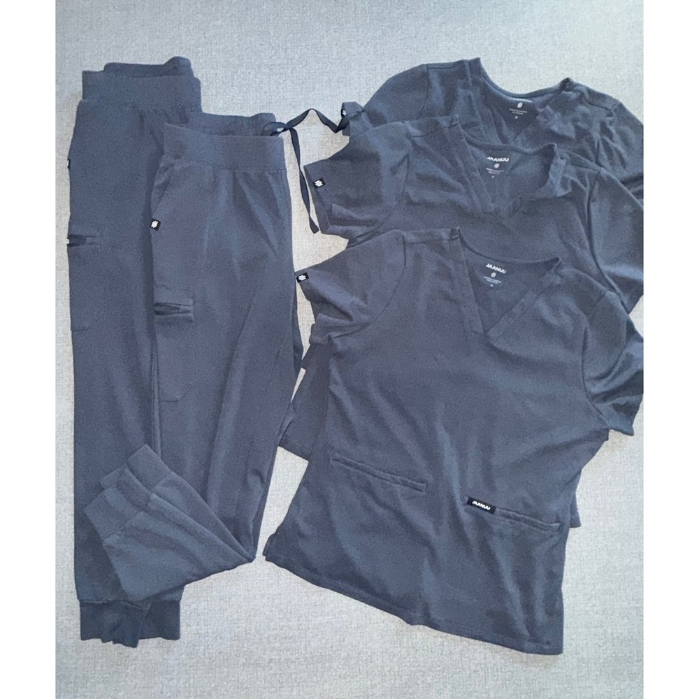 Jaanuu Women Scrub Set 5pc 3 Tops 2 Jogger Pants Gray Size M Medical Nurse